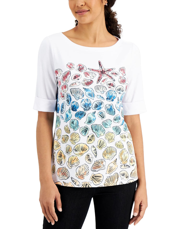 Seashell-Print Elbow-Sleeve Top