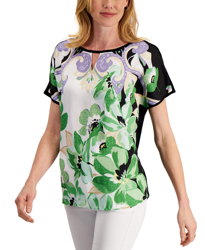 Jm Colleciton Floral Print Keyhole Top