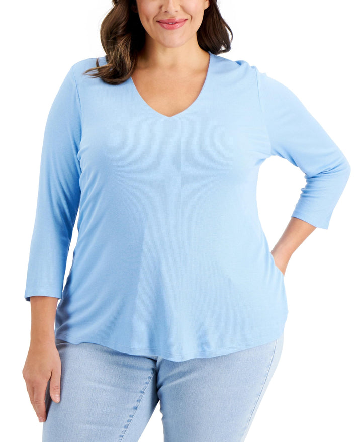 INC International Concepts Plus Size Ribbed V Neck Top