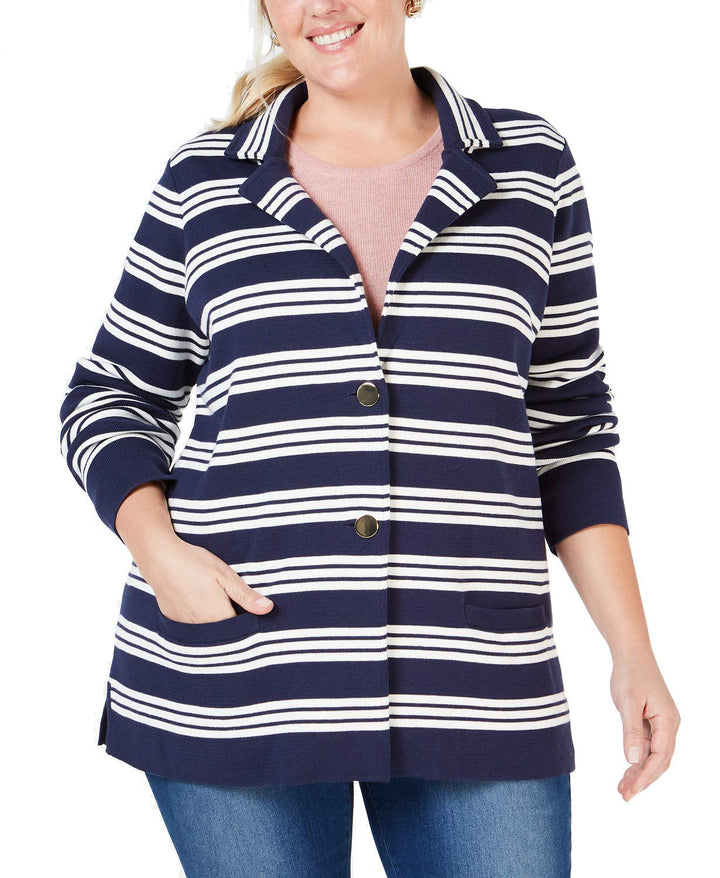 Plus Size Cotton Striped Sweater Blazer