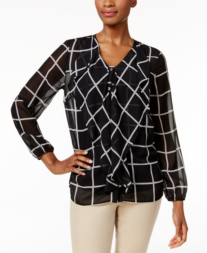 Charter Club Petite Grid Print Ruffle Blouse