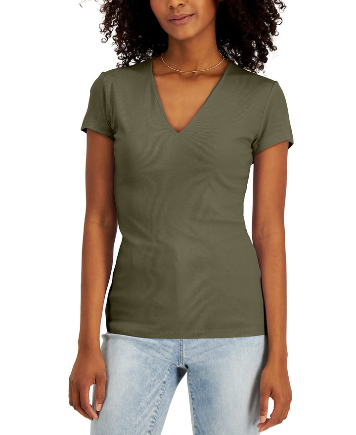 International Concepts Womens Ribbed V Neck Top
