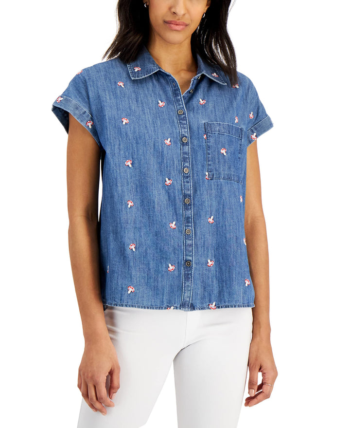 Style & Co Petite Embroidered Mushroom Camp Shirt
