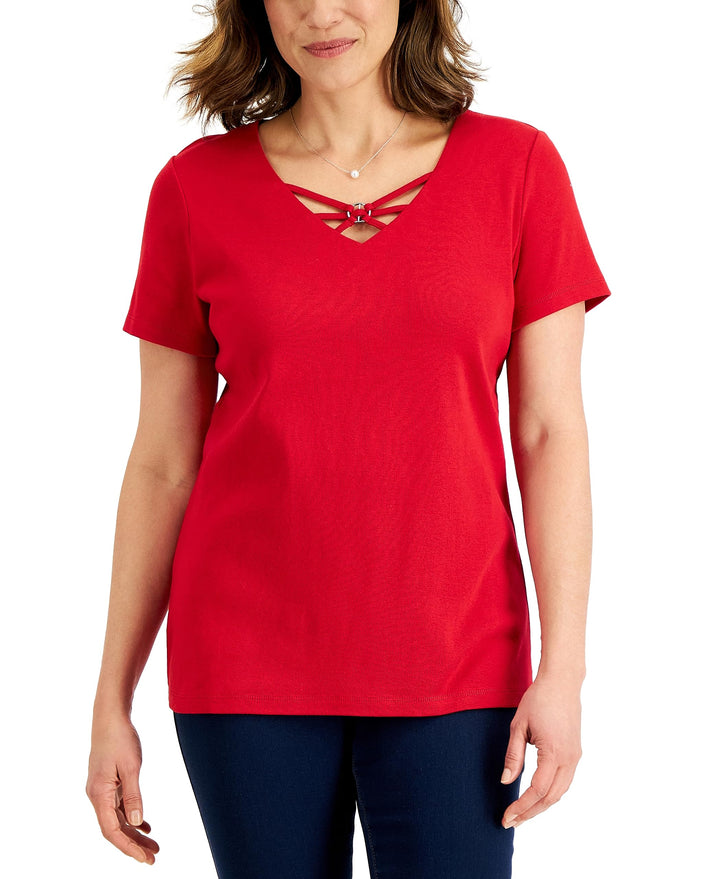 Karen Scott Womens Cotton Crisscross V Neck Top