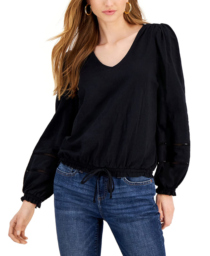 INC International Concepts Blouson Sleeve Tie Waist Cotton Top