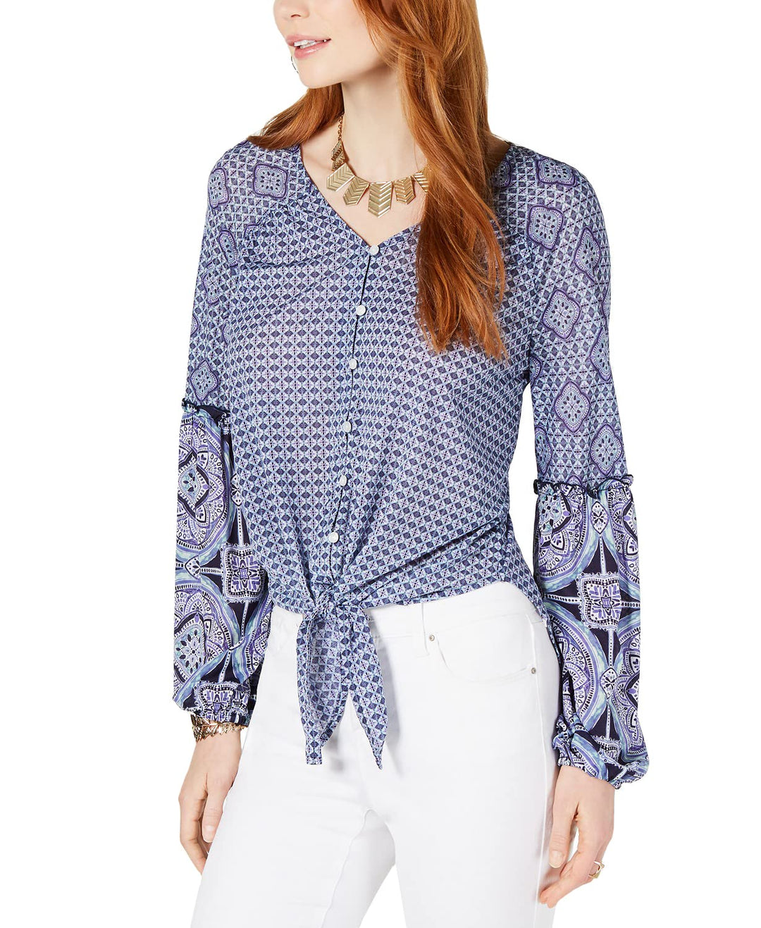 Mixed-Print Tie-Front Button-Up Top