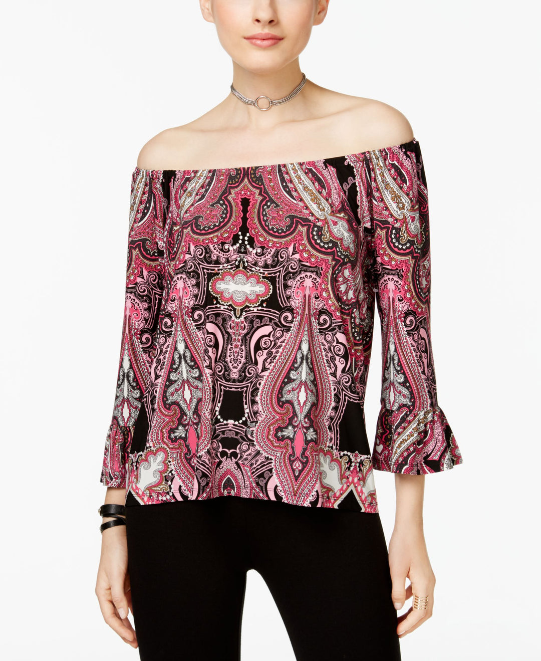 INC International Concepts Petite Printed Off The Shoulder Ruffle Top