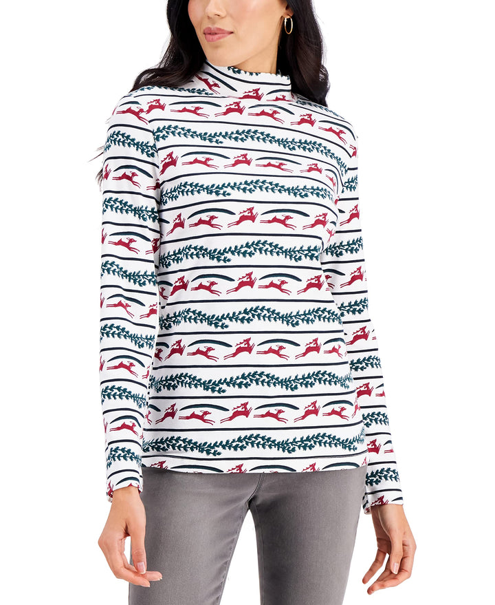 Karen Scott Reindeer Print Mock Neck Top