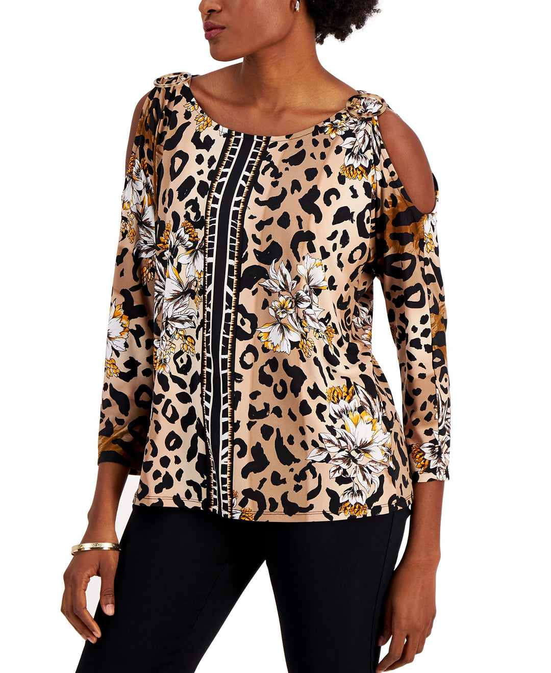 JM Collection Womens Cheetah Garden Cold Shoulder Top