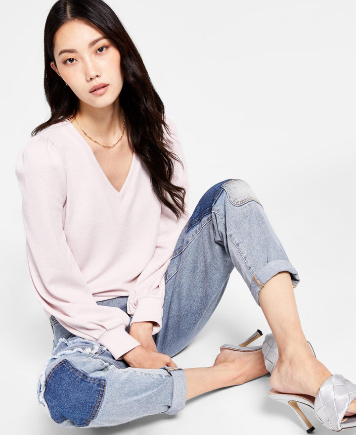 INC International Concepts Shimmering V Neck Blouson Sleeve Sweater