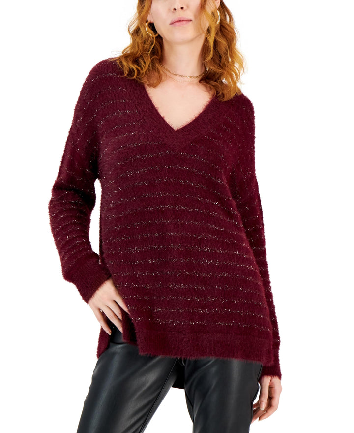 INC International Concepts Womens Fuzzy Oversized Metallic Stripe V Neck Sweater