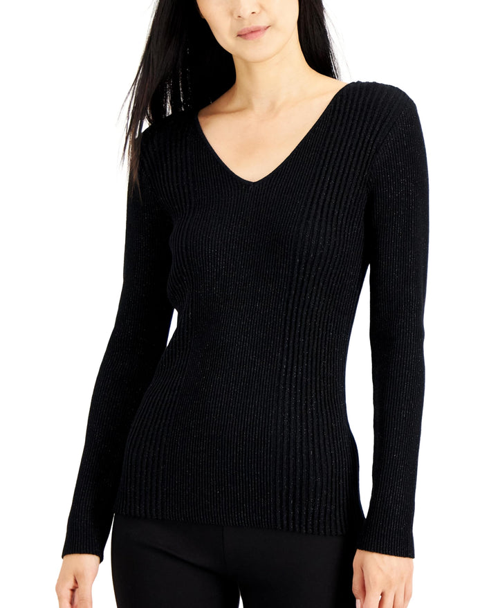 Alfani Womens Metallic Ribbed V Neck Sweater