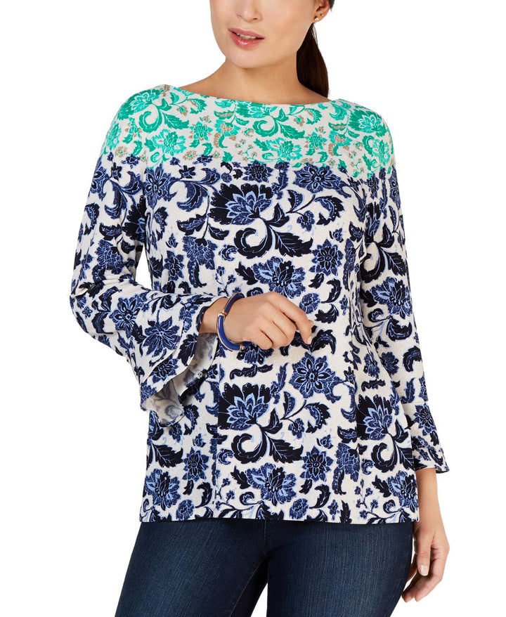 Mixed-Print Boat-Neck Top
