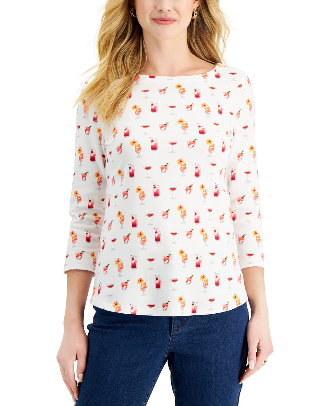 Charter Club Petite Printed 3/4 Sleeve Cotton Top