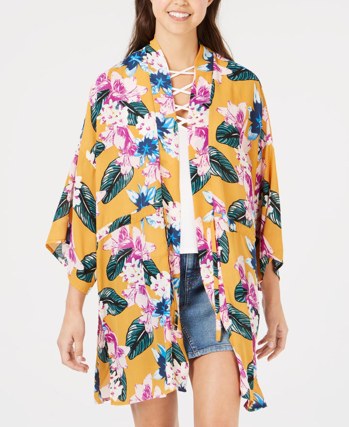 Juniors' Floral-Printed Tie-Front Kimono