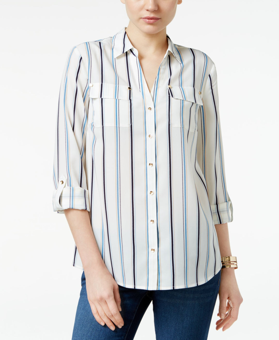 Charter Club Petite Striped Roll Tab Shirt