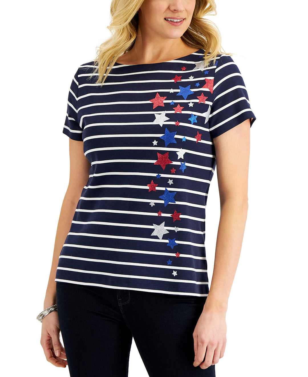 Karen Scott Womens Glitter Star Striped Top