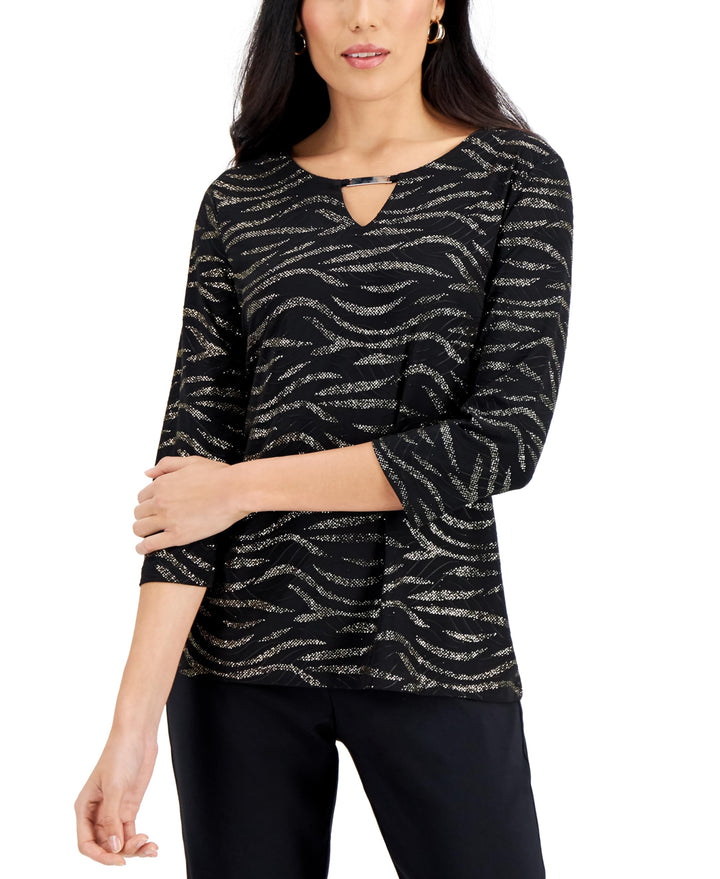 JM Collection Glitter Zebra Print Embellished Keyhole Jacquard Top