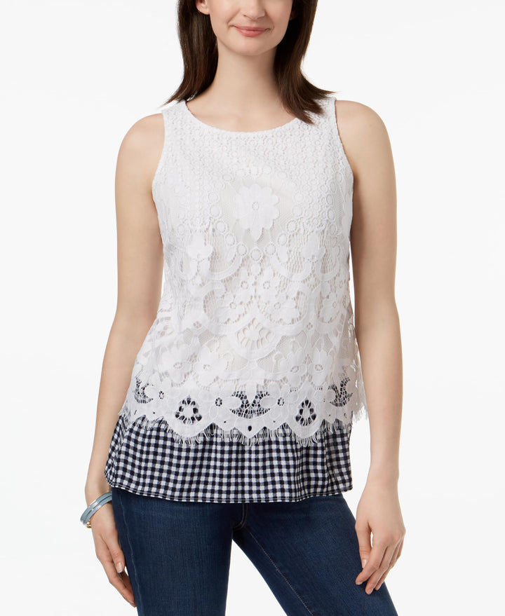 Charter Club Gingham Hem Lace Top