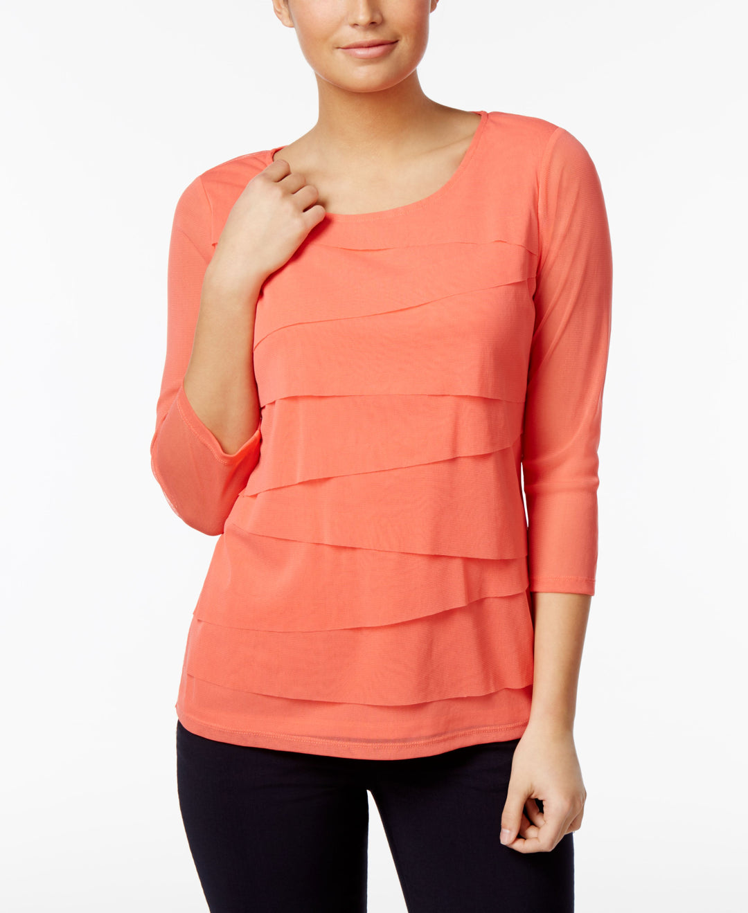 Alfani Petite Tiered Mesh Illusion Sleeve Top