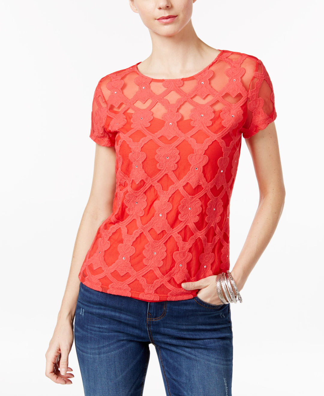 INC International Concepts Petite Embroidered Illusion Top