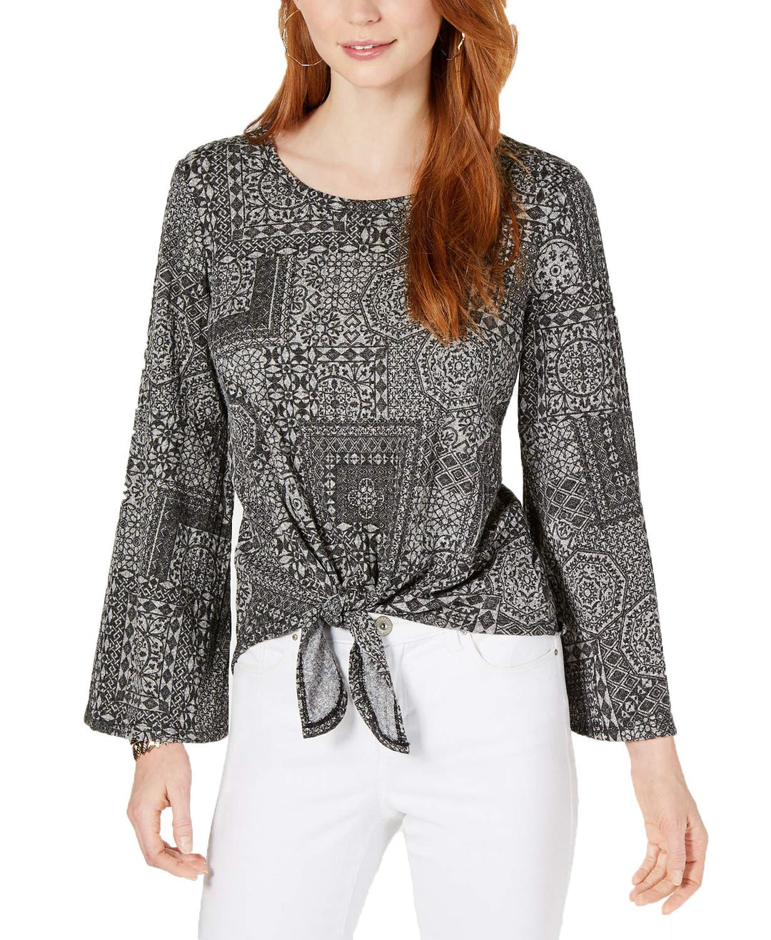 Tie-Front Lantern-Sleeve Top