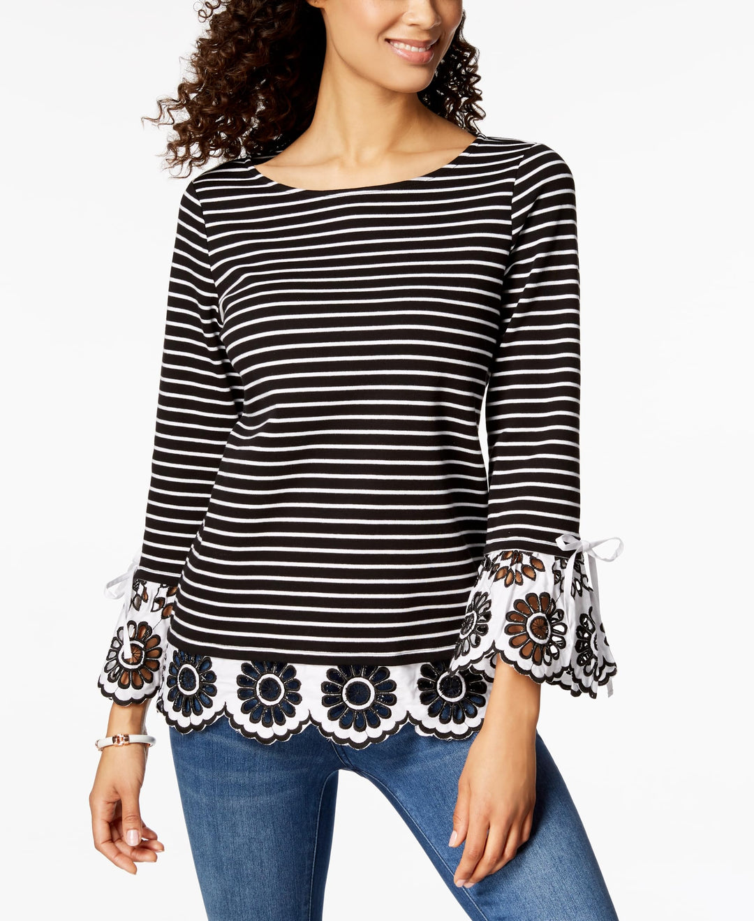 Charter Club Striped Eyelet Contrast Top