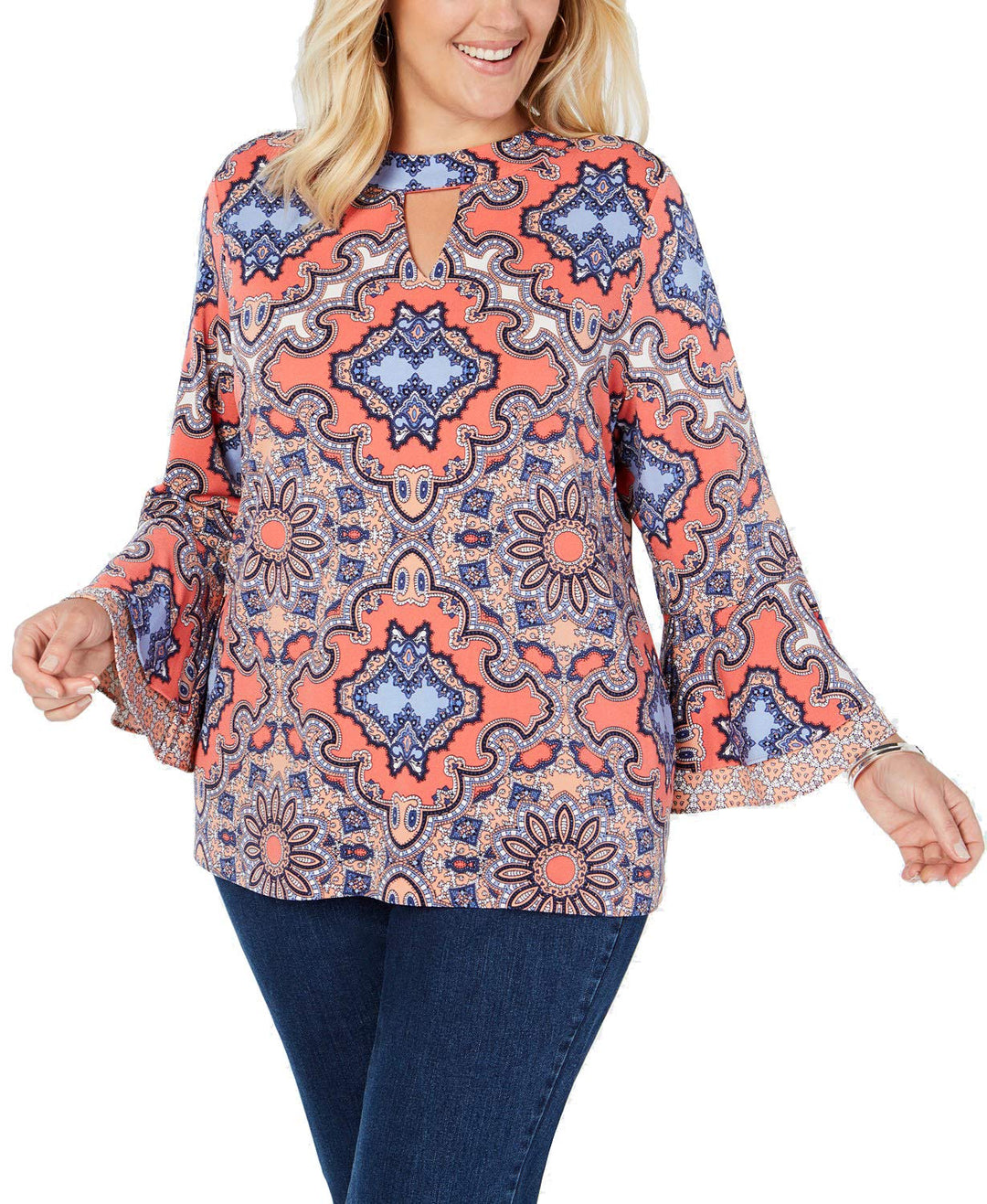 Charter Club Plus Size Medallion Print Ruffle Cuffed Top