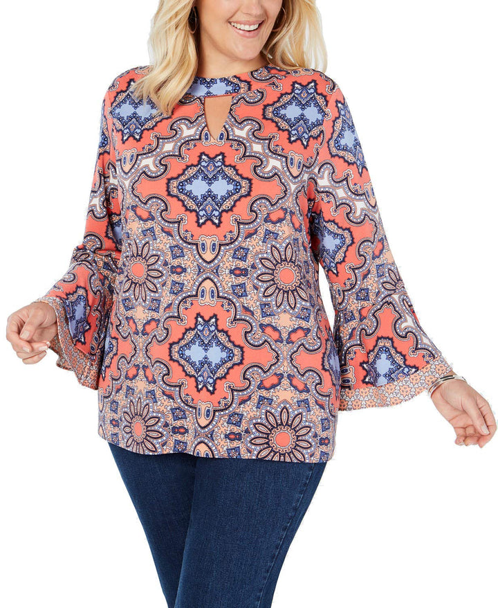Charter Club Plus Size Medallion Print Ruffle Cuffed Top