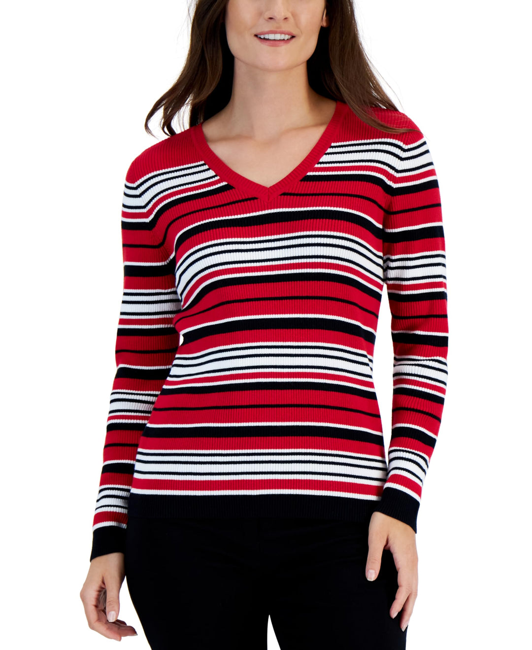 Karen Scott Petite Striped V Neck Sweater