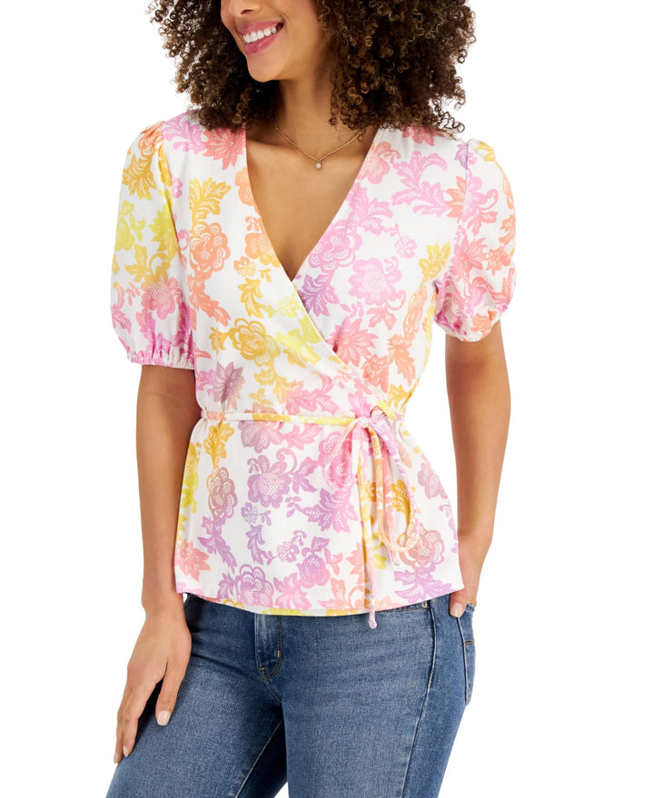 Charter Club Wrap Front Puff Sleeve Printed Top