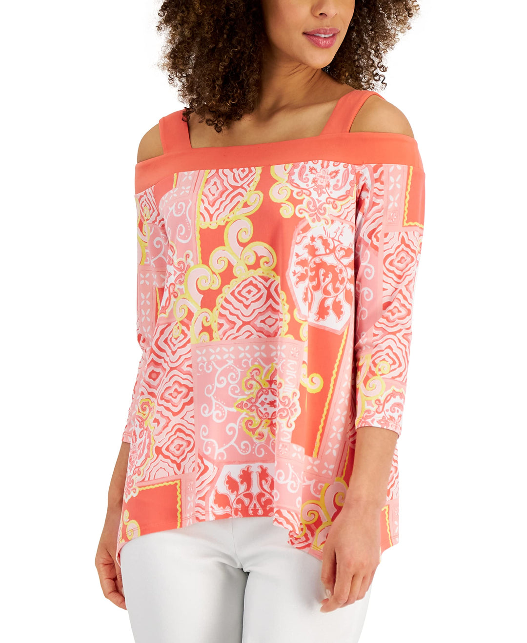 JM Collection Womens Printed Cold-Shoulder Top