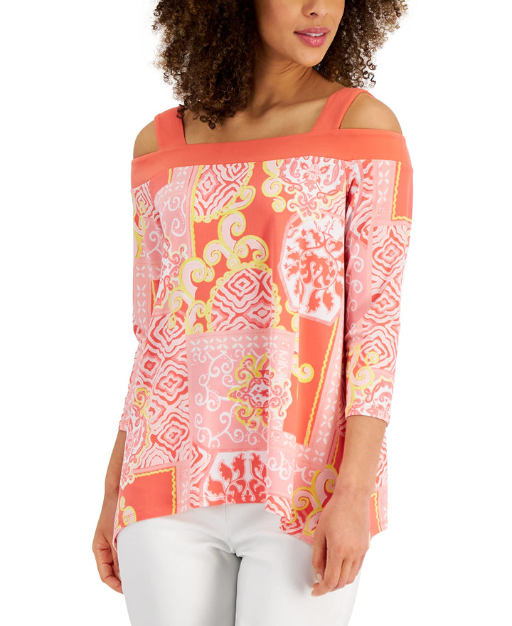 JM Collection Womens Printed Cold-Shoulder Top
