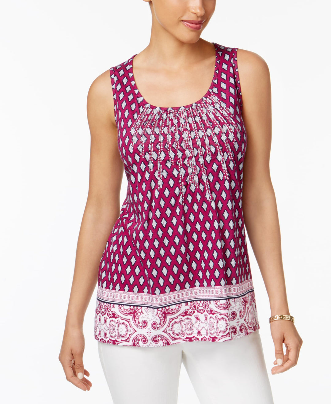 Charter Club Petite Embroidered Mixed Print Top
