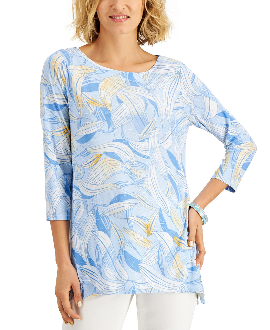 JM Collection Swirl Print Jacquard Asymmetrical Hem Top
