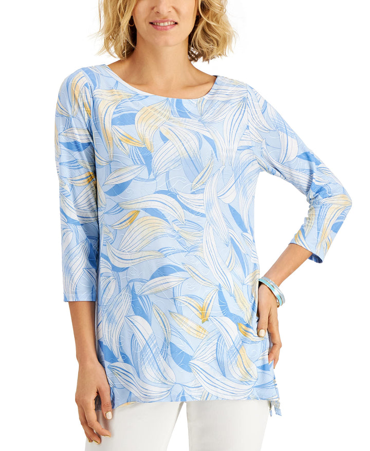 JM Collection Swirl Print Jacquard Asymmetrical Hem Top