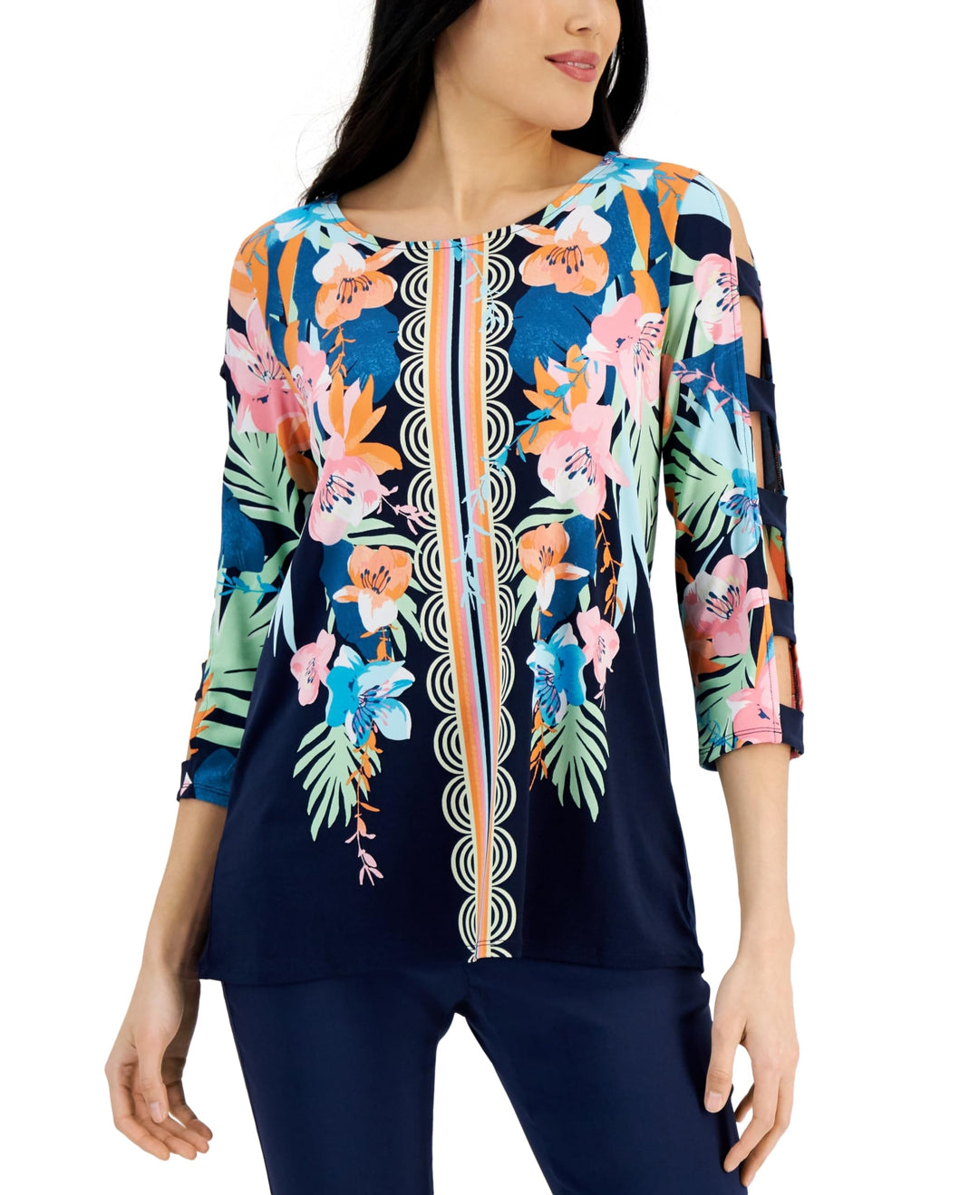 JM Collection Womens Printed Cutout-Sleeve Top