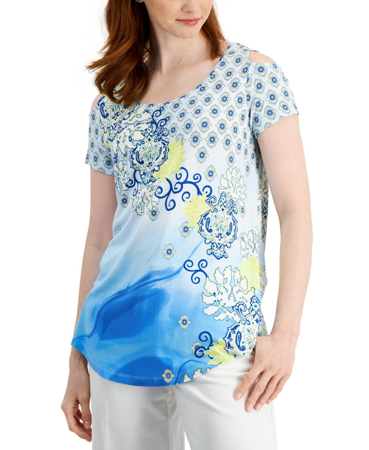 JM Collection Womens Printed Cold-Shoulder Top