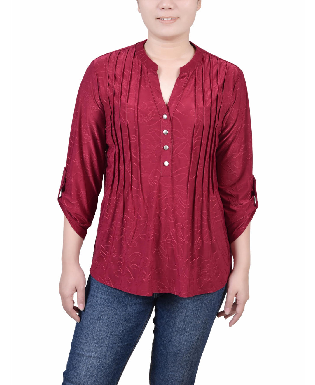 NY Collection Petite 3/4 Roll Tab Pullover Top