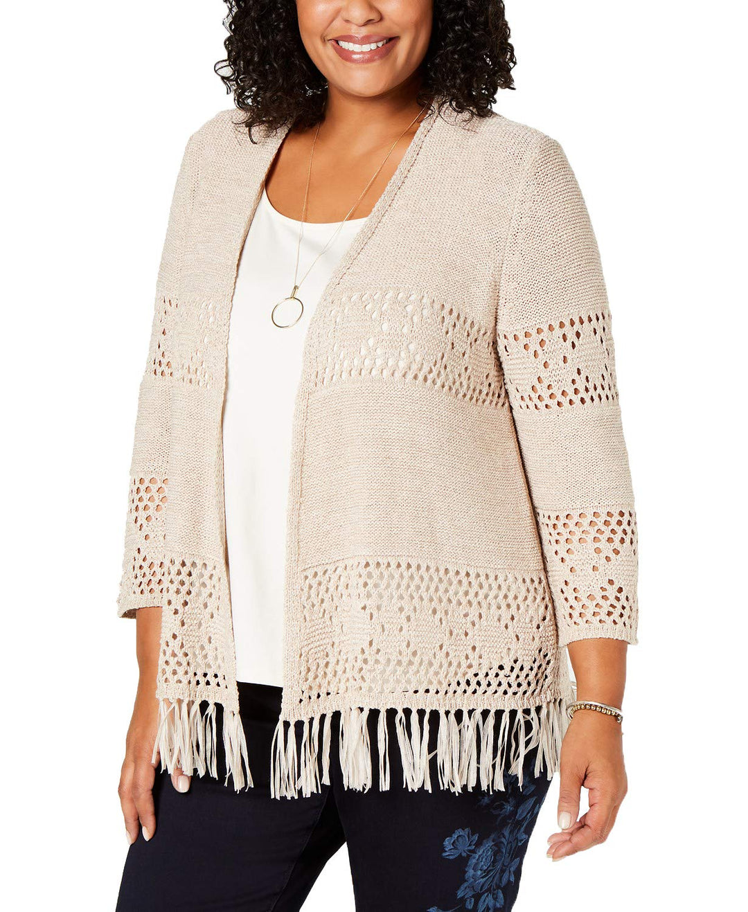 Style & Co Plus Size Fringe Lacy Knit Cardigan