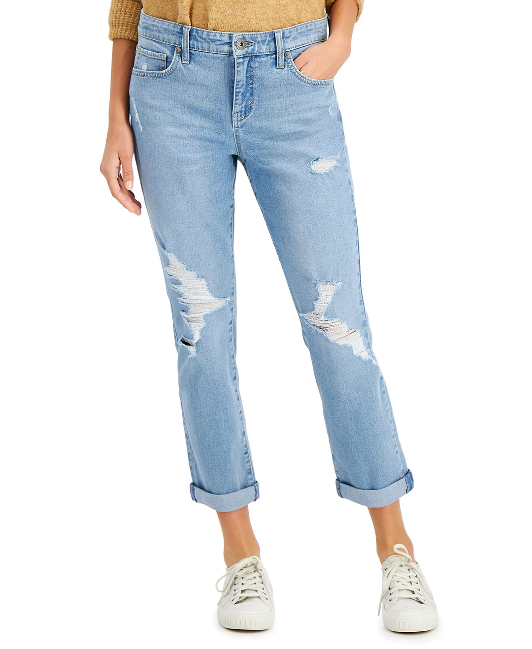Style & Co Petite Distressed Curvy Girlfriend Jeans