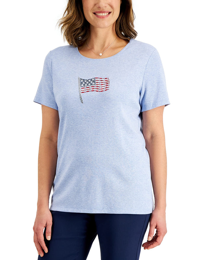 Karen Scott Petite Short Sleeve Sparkle Flag Top