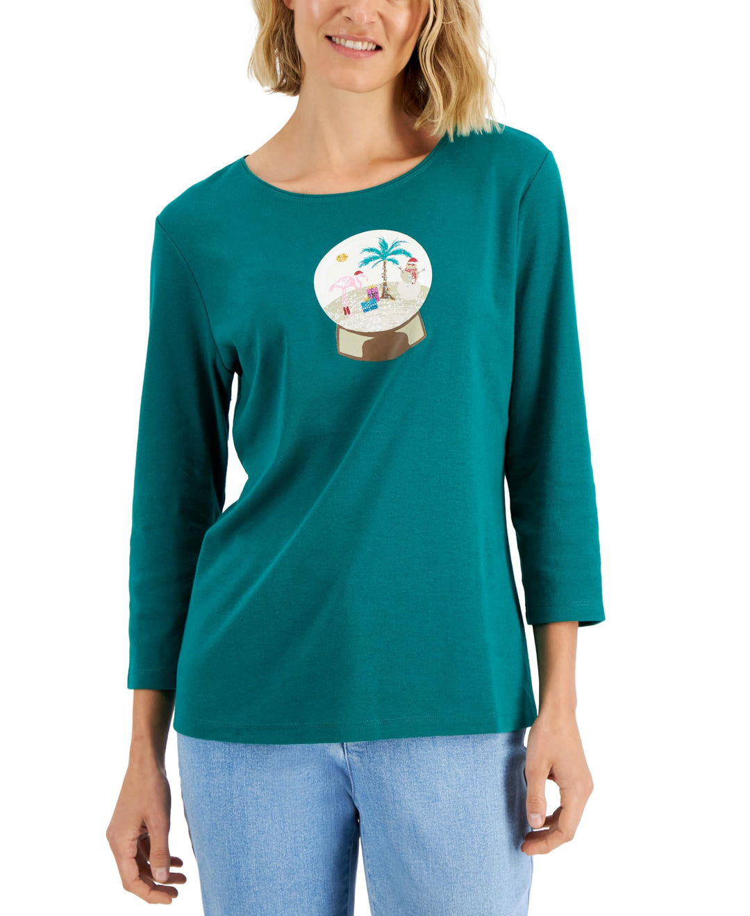 Karen Scott Petite Holiday Print 3/4 Sleeve Tops
