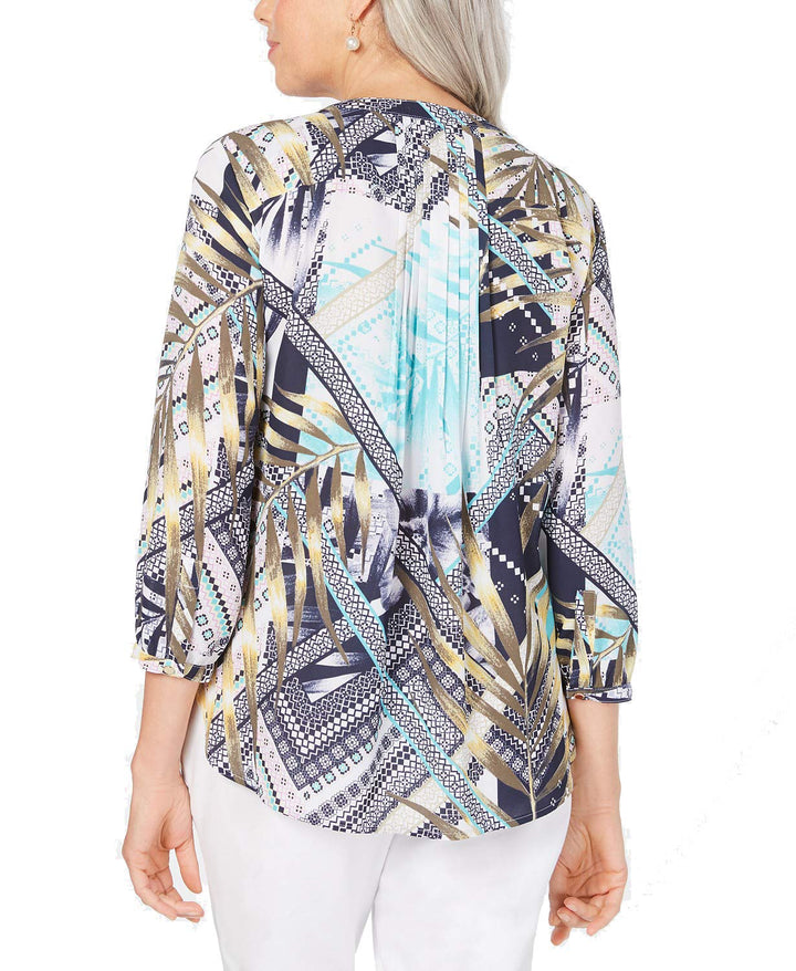 JM Collection Printed Pleat-Back Top (Palm Splendor, S)