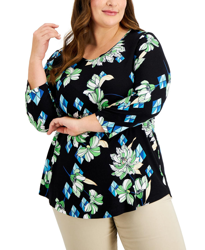 JM Collection Plus Size Printed 3/4 Sleeve Top