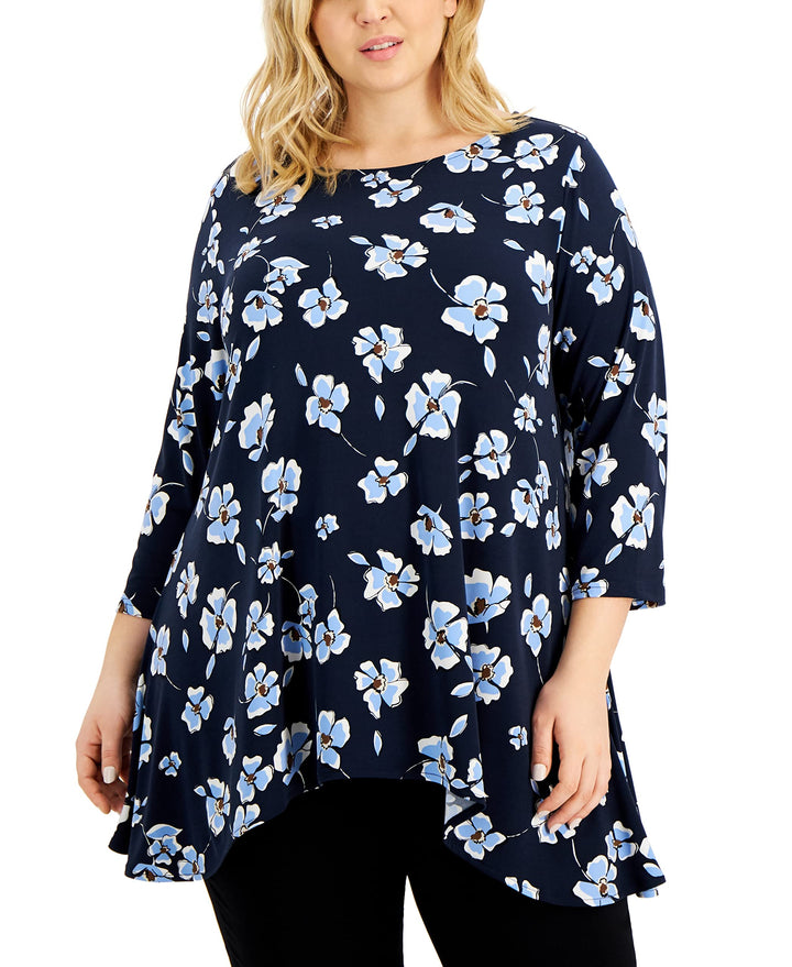Alfani Plus Size Printed Asymmetrical Hem Tunic Top