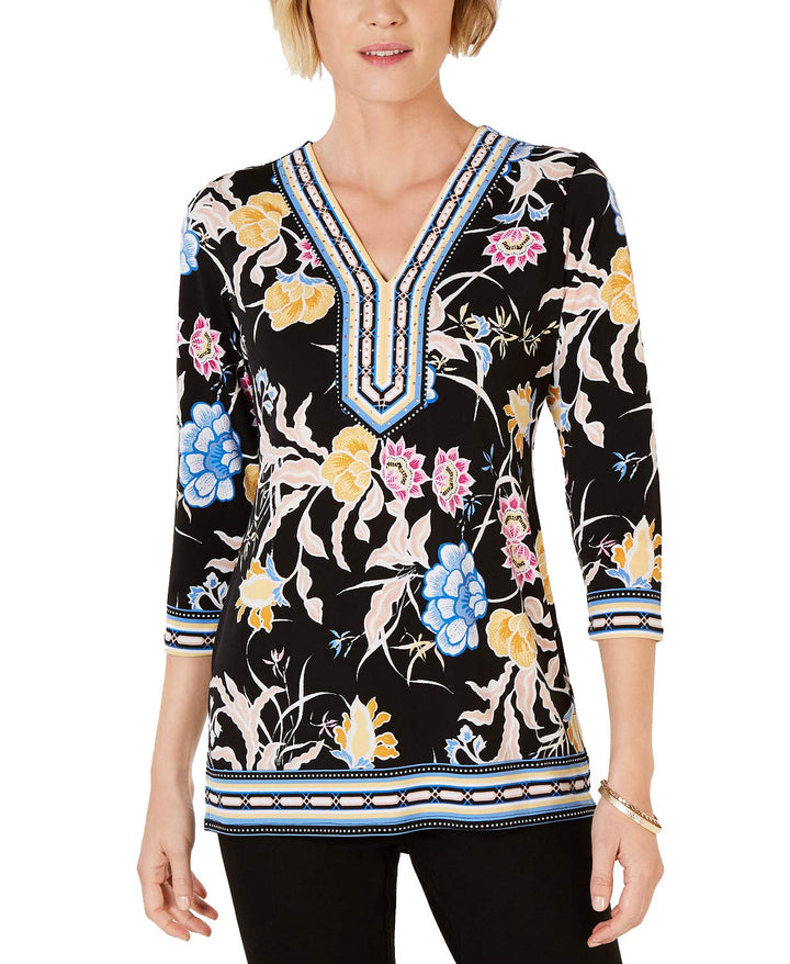JM Collection Petite Printed Embellished Tunic (Batik Botanical, P/XS)