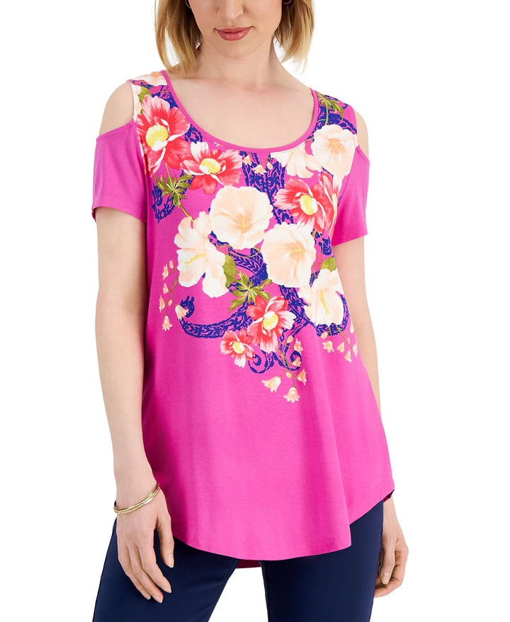 JM Collection Womens Floral Print Cold Shoulder Top
