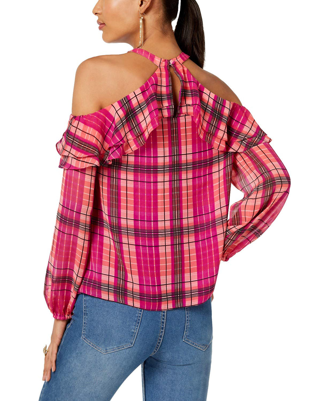 Ruffled Plaid Cold Shoulder Top