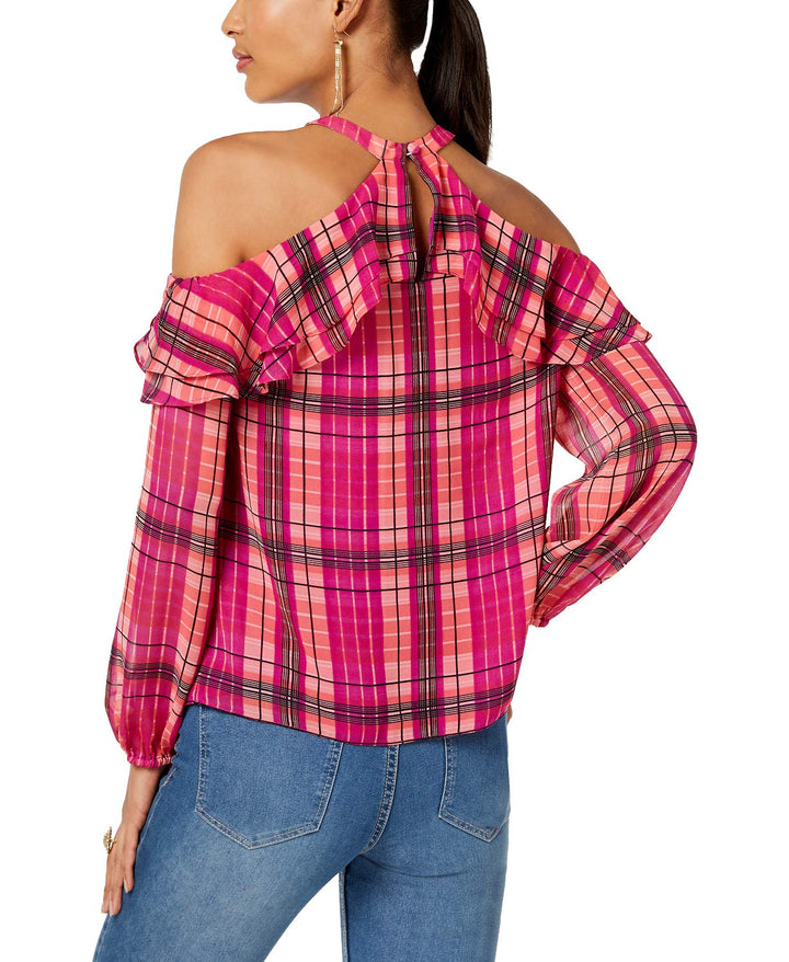 Ruffled Plaid Cold Shoulder Top